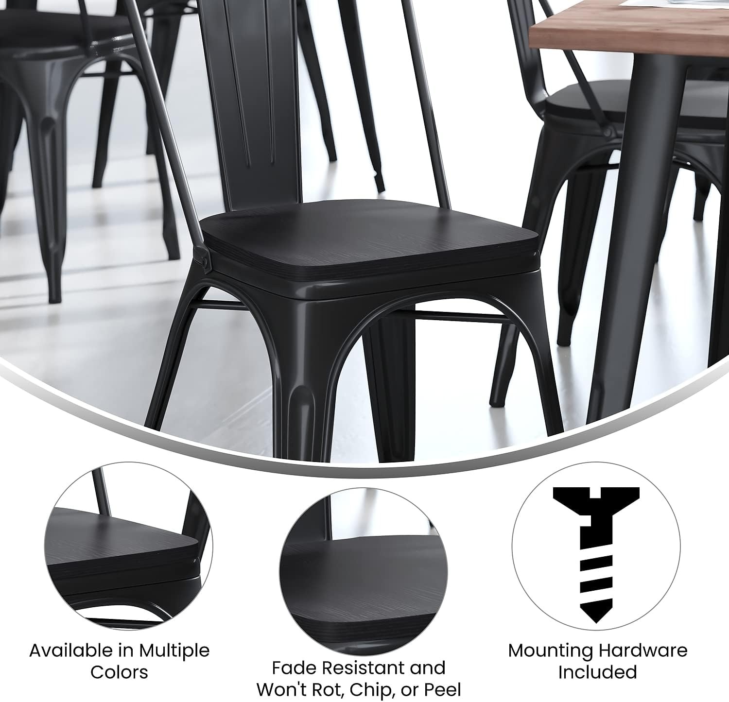 image:imageFlash Furniture Perry Set of 4 Poly Resin Wood Seat  Mint Polystyrene  Rounded Edges for Comfort  For Colorful Metal Chairs and Stools  IndoorOutdoorBlack