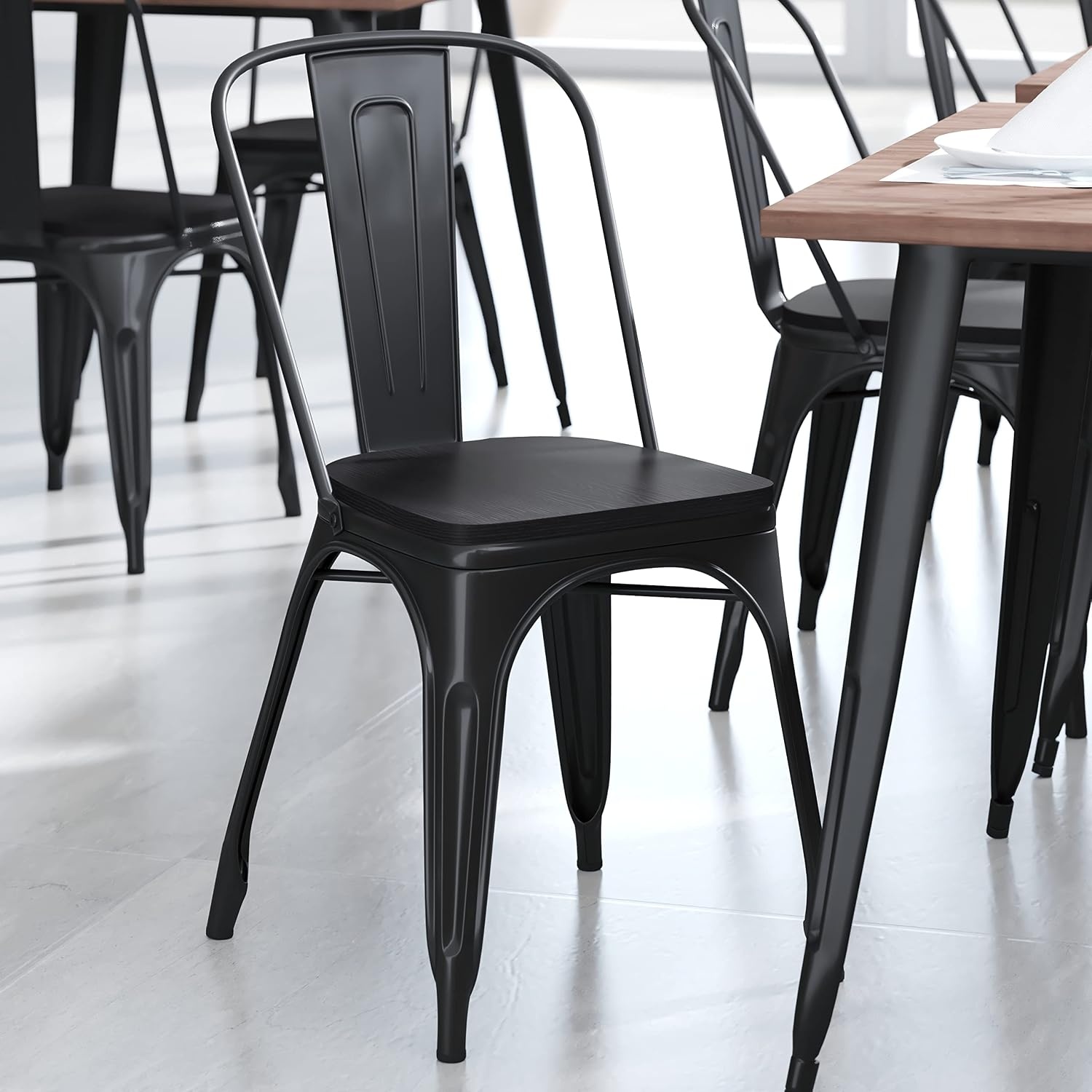 image:imageFlash Furniture Perry Set of 4 Poly Resin Wood Seat  Mint Polystyrene  Rounded Edges for Comfort  For Colorful Metal Chairs and Stools  IndoorOutdoorBlack
