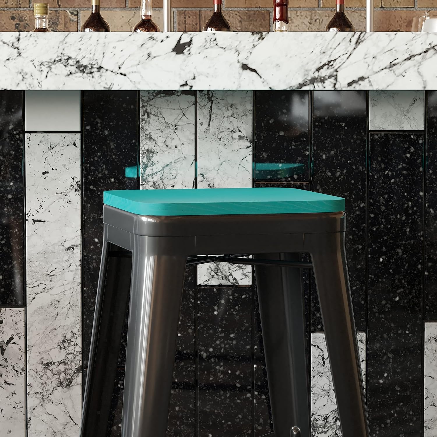 image:imageFlash Furniture Perry Set of 4 Poly Resin Wood Seat  Mint Polystyrene  Rounded Edges for Comfort  For Colorful Metal Chairs and Stools  IndoorOutdoorMint