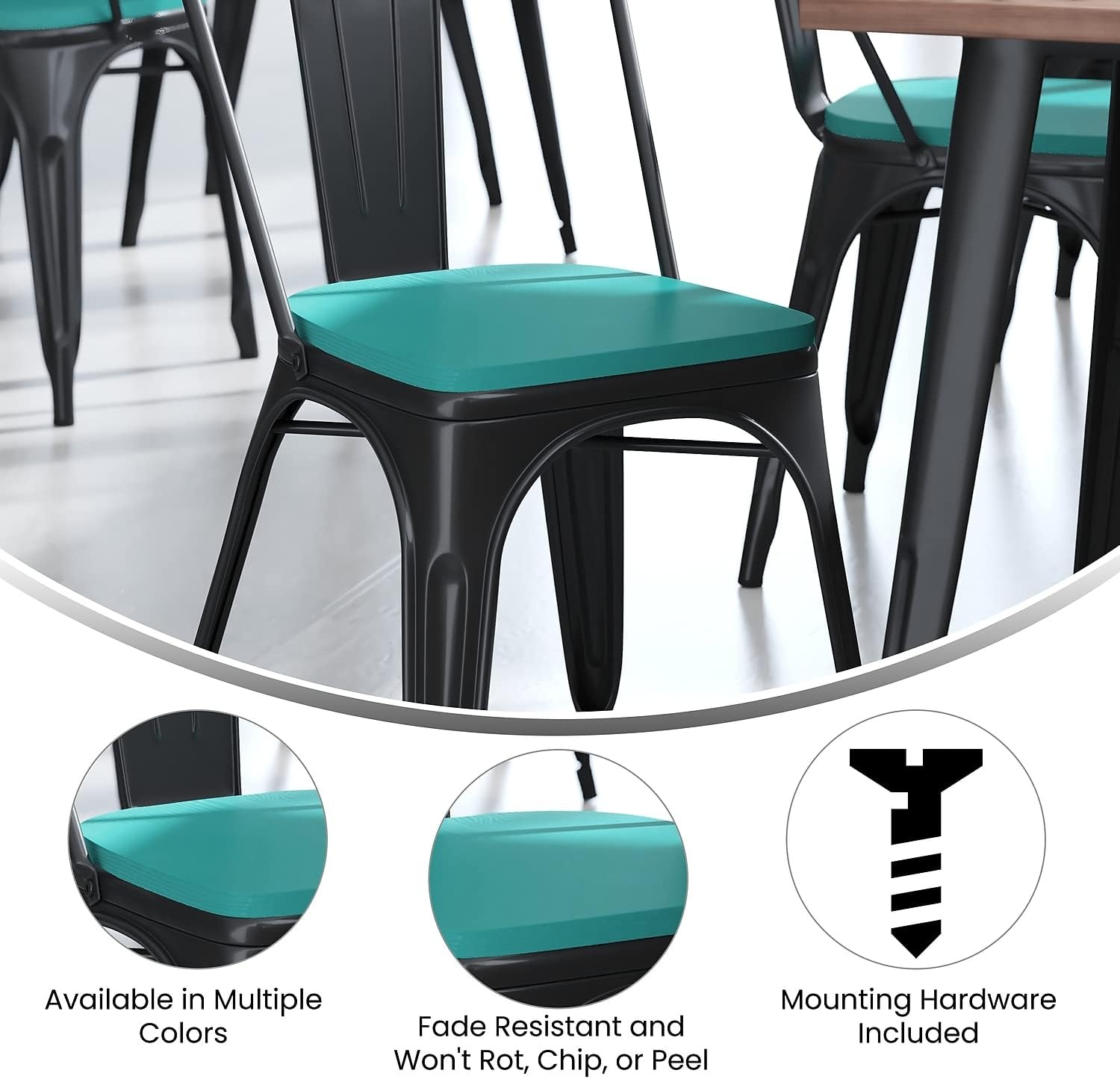 image:imageFlash Furniture Perry Set of 4 Poly Resin Wood Seat  Mint Polystyrene  Rounded Edges for Comfort  For Colorful Metal Chairs and Stools  IndoorOutdoorMint