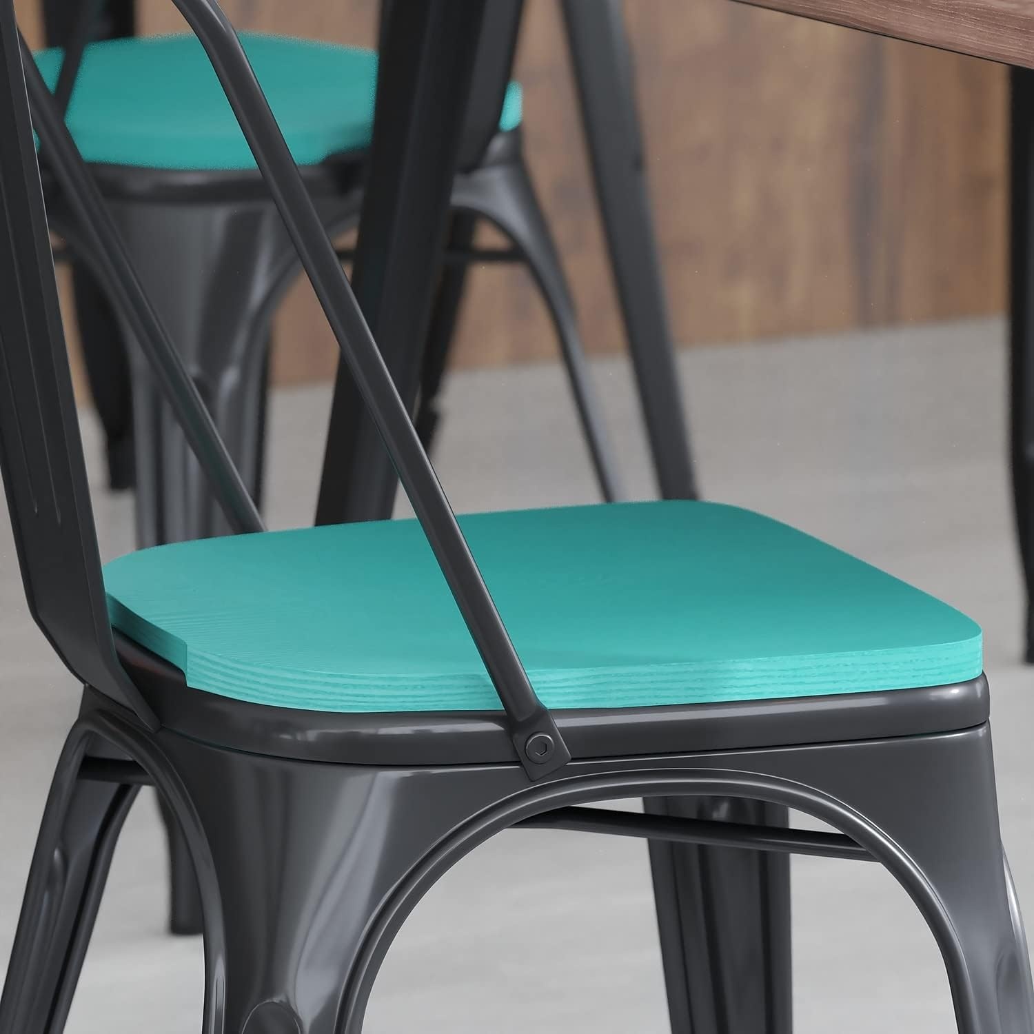 image:imageFlash Furniture Perry Set of 4 Poly Resin Wood Seat  Mint Polystyrene  Rounded Edges for Comfort  For Colorful Metal Chairs and Stools  IndoorOutdoorMint