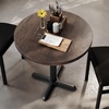 image:imageFlash Furniture Bennett 30 Round Solid Wood Commercial Indoor Tabletop in Natural with 22 x 22 Dining Height Black Cast Iron X Base 300 lb Static CapacityDark Brown TopBlack Base