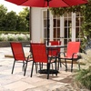 image:imageFlash Furniture Brazos Commercial Outdoor Dining Set 47 Tempered Glass Patio Table with Umbrella Hole 4 Stack Chairs with Flex Comfort Seats and Backs BlackBlackRed