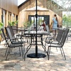 image:imageFlash Furniture Brazos Commercial Outdoor Dining Set 47 Tempered Glass Patio Table with Umbrella Hole 4 Stack Chairs with Flex Comfort Seats and Backs BlackBlackGrey