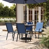 image:imageFlash Furniture Brazos Commercial Outdoor Dining Set 47 Tempered Glass Patio Table with Umbrella Hole 4 Stack Chairs with Flex Comfort Seats and Backs BlackBlackNavy