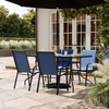 image:imageFlash Furniture Brazos Series 7Piece Glass Patio Table and Chairs Set Outdoor Patio Dining Set with Rectangular Table 6 Sling Patio Chairs BrownNavy