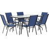 image:imageFlash Furniture Brazos Series 7Piece Glass Patio Table and Chairs Set Outdoor Patio Dining Set with Rectangular Table 6 Sling Patio Chairs BrownNavy