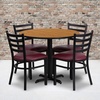 image:imageFlash Furniture Carlton 36 Round Walnut Laminate Table Set with XBase and 4 Ladder Back Metal Chairs  Black Vinyl SeatNatural TopBurgundy Vinyl Seat