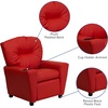 image:imageFlash Furniture Chandler LeatherSoft Kids Recliner with Cup Holder and Safety Recline Contemporary Reclining Chair for Kids Supports up to 90 lbs BlackRed Vinyl