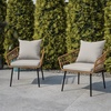 image:imageFlash Furniture Evin Set of 2 Boho IndoorOutdoor Patio Chairs  Natural Finish Faux Rattan Wicker  Gray AllWeather Cushions  Integrated Armrests