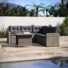 image:imageFlash Furniture Huck Wicker Rattan Conversation Set Versatile IndoorOutdoor Use LShaped Sofa and Dining Table WeatherResistant Cushions BeigeBrownGray CushionsGray Frame