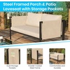 image:imageFlash Furniture Lea IndoorOutdoor Loveseat with Cushions  Modern Steel Framed Chair with Storage Pockets Black with Beige Cushions