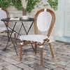 image:imageFlash Furniture Lourdes IndoorOutdoor Commercial Thonet French Bistro Stack Chair  NATWhite PE Rattan Back and Seat  Light Natural Bamboo Print Metal Frame  2 PKWhite  GrayNatural Frame