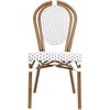 image:imageFlash Furniture Lourdes IndoorOutdoor Commercial Thonet French Bistro Stack Chair  NATWhite PE Rattan Back and Seat  Light Natural Bamboo Print Metal Frame  2 PKWhite  GrayNatural Frame