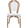 image:imageFlash Furniture Lourdes IndoorOutdoor Commercial Thonet French Bistro Stack Chair  NATWhite PE Rattan Back and Seat  Light Natural Bamboo Print Metal Frame  2 PKWhite  GrayNatural Frame