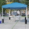 image:imageFlash Furniture Otis Portable TailgateEvent Tent Set  8x8 Blue Pop Up Canopy Tent 6Foot BiFold Table Set of 4 White Folding ChairsBlue