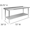 image:imageFlash Furniture Reader Stainless Steel 18 Gauge Prep and Work Table with 15 Backsplash and Undershelf  NSF Certified  72W x 30D x 36H