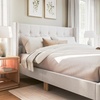 image:imageMartha Stewart Carmy Platform Bed with Tufted Headboard Cushioned Side Rails Faux Linen Upholstery Wood Slat Foundation No Box Spring Needed King WhiteKing