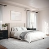 image:imageMartha Stewart Kay Low Profile Platform Bed with Wingback Headboard Channel Stitched Faux Linen Upholstery No Box Spring Needed Queen BeigeBeige FabricWalnut Legs
