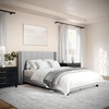 image:imageMartha Stewart Kay Low Profile Platform Bed with Wingback Headboard Channel Stitched Faux Linen Upholstery No Box Spring Needed Queen BeigeGray FabricBlack Legs