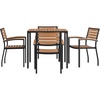 image:imageFlash Furniture 5 Piece Outdoor Dining Table Set  Synthetic Teak Poly Slats  35 Square Steel Framed Table with Umbrella Holder Hole  4 Stackable Club Chairs