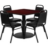 image:imageFlash Furniture Jamie 36 Square Walnut Laminate Table Set with Round Base and 4 Black Trapezoidal Back Banquet ChairsMahogany TopBlack Vinyl Seat