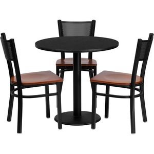 image:imageFlash Furniture 30 Round Black Laminate Table Set with 3 Grid Back Metal Chairs  Cherry Wood Seat