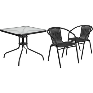image:imageFlash Furniture 315 Glass Metal Table and 2 Black Rattan Bistro Chairs PatioRestaurant Stackable Dining Set