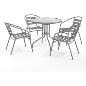 image:imageFlash Furniture 315 Round Glass Metal Table with 4 Black Metal Aluminum Slat Stack ChairsSilver