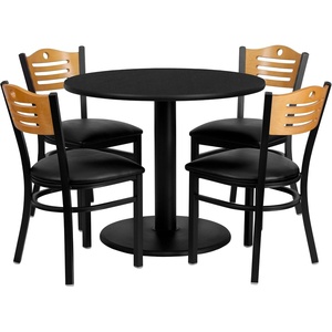 image:imageFlash Furniture 36 Round Black Laminate Table Set with 4 Wood Slat Back Metal Chairs  Black Vinyl Seat