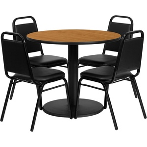 image:imageFlash Furniture 36 Round Mahogany Laminate Table Set with Round Base and 4 Black Trapezoidal Back Banquet ChairsNatural TopBlack Vinyl Seat