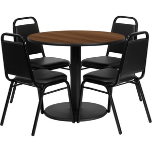 image:imageFlash Furniture 36 Round Mahogany Laminate Table Set with Round Base and 4 Black Trapezoidal Back Banquet ChairsWalnut TopBlack Vinyl Seat
