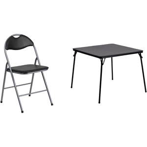 image:imageFlash Furniture 4 Pack Hercules Series Black Vinyl Metal Folding Chair with Carrying Handle and Madelyn Folding Card Table  Black  Portable Square Table with Collapsible Legs