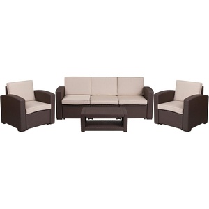 image:imageFlash Furniture 4 Piece Outdoor Faux Rattan Chair Sofa and Table Set in Chocolate BrownChocolate Brown