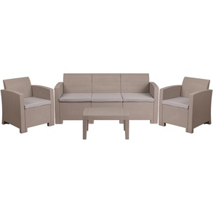 image:imageFlash Furniture 4 Piece Outdoor Faux Rattan Chair Sofa and Table Set in Chocolate BrownLight Gray