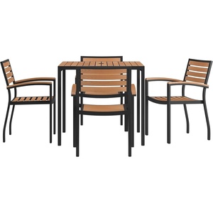 image:imageFlash Furniture 5 Piece Outdoor Dining Table Set  Synthetic Teak Poly Slats  35 Square Steel Framed Table with Umbrella Holder Hole  4 Stackable Club Chairs