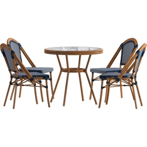 image:imageFlash Furniture Bordeaux IndoorOutdoor Commercial Bistro Set  Tempered Glass Top Table  4 Chairs  PE Rattan  NAT Bamboo Print Aluminum Frame  NavyWhiteNavy  White RattanNatural Frame