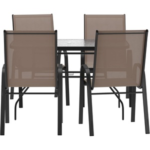image:imageFlash Furniture Brazos Commercial Outdoor Dining Set 47 Tempered Glass Patio Table with Umbrella Hole 4 Stack Chairs with Flex Comfort Seats and Backs BlackBlackBrown