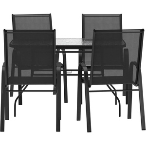 image:imageFlash Furniture Brazos Commercial Outdoor Dining Set 47 Tempered Glass Patio Table with Umbrella Hole 4 Stack Chairs with Flex Comfort Seats and Backs BlackBlackBlack