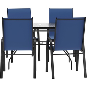 image:imageFlash Furniture Brazos Commercial Outdoor Dining Set 47 Tempered Glass Patio Table with Umbrella Hole 4 Stack Chairs with Flex Comfort Seats and Backs BlackBlackNavy