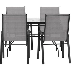 image:imageFlash Furniture Brazos Commercial Outdoor Dining Set 47 Tempered Glass Patio Table with Umbrella Hole 4 Stack Chairs with Flex Comfort Seats and Backs BlackBlackGrey