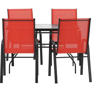 image:imageFlash Furniture Brazos Commercial Outdoor Dining Set 47 Tempered Glass Patio Table with Umbrella Hole 4 Stack Chairs with Flex Comfort Seats and Backs BlackBlackRed