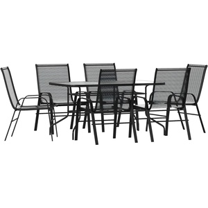 image:imageFlash Furniture Brazos Series 7Piece Glass Patio Table and Chairs Set Outdoor Patio Dining Set with Rectangular Table 6 Sling Patio Chairs BrownBlack