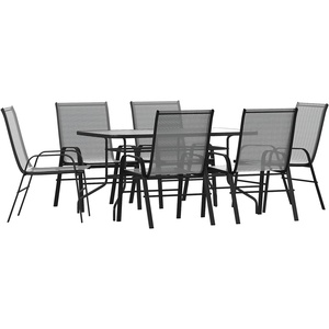 image:imageFlash Furniture Brazos Series 7Piece Glass Patio Table and Chairs Set Outdoor Patio Dining Set with Rectangular Table 6 Sling Patio Chairs BrownGrey