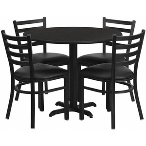 image:imageFlash Furniture Carlton 36 Round Walnut Laminate Table Set with XBase and 4 Ladder Back Metal Chairs  Black Vinyl SeatBlack TopBlack Vinyl Seat