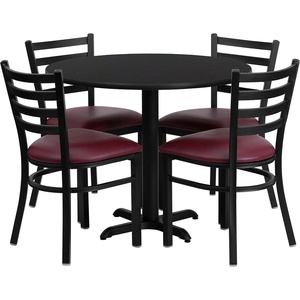 image:imageFlash Furniture Carlton 36 Round Walnut Laminate Table Set with XBase and 4 Ladder Back Metal Chairs  Black Vinyl SeatBlack TopBurgundy Vinyl Seat
