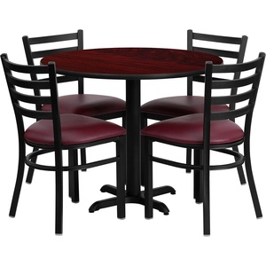 image:imageFlash Furniture Carlton 36 Round Walnut Laminate Table Set with XBase and 4 Ladder Back Metal Chairs  Black Vinyl SeatMahogany TopBurgundy Vinyl Seat