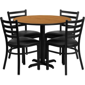 image:imageFlash Furniture Carlton 36 Round Walnut Laminate Table Set with XBase and 4 Ladder Back Metal Chairs  Black Vinyl SeatNatural TopBlack Vinyl Seat