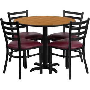 image:imageFlash Furniture Carlton 36 Round Walnut Laminate Table Set with XBase and 4 Ladder Back Metal Chairs  Black Vinyl SeatNatural TopBurgundy Vinyl Seat
