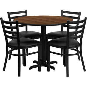 image:imageFlash Furniture Carlton 36 Round Walnut Laminate Table Set with XBase and 4 Ladder Back Metal Chairs  Black Vinyl SeatWalnut TopBlack Vinyl Seat